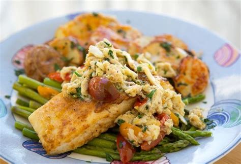 In a large flat skillet (do not use a ridged pan), pour light olive oil warm over high heat until smoking, then add fish fillets. Pan Seared Halibut with a Garlic Crab Topping via ...