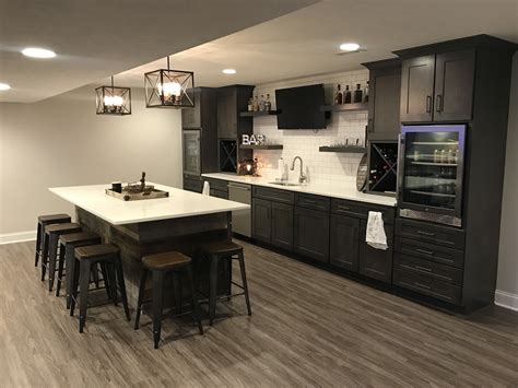Adds great warmth & texture under your feet. Basement finish bar and island #basementremodeling # ...
