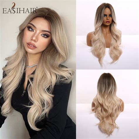 easihair long brown blonde ombre synthetic wigs for women natural hair wavy wigs heat resistant