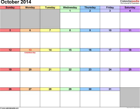 October 2014 Calendar Templates For Word Excel And Pdf