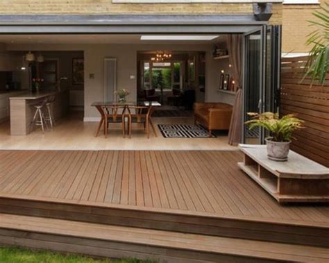 Floating Deck Steps No Rail Wooden Deck Extension Of Patio Exterior