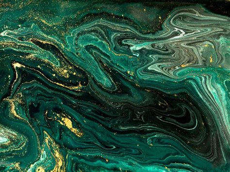 Abstract Pour Painting Liquid Marble Dark Green Teal Painting Gold