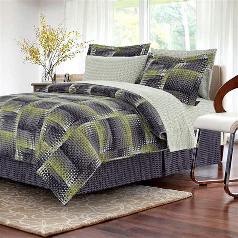 Brown And Grey Shadow Box Lime 6 Piece Twin Bed In Bag Set