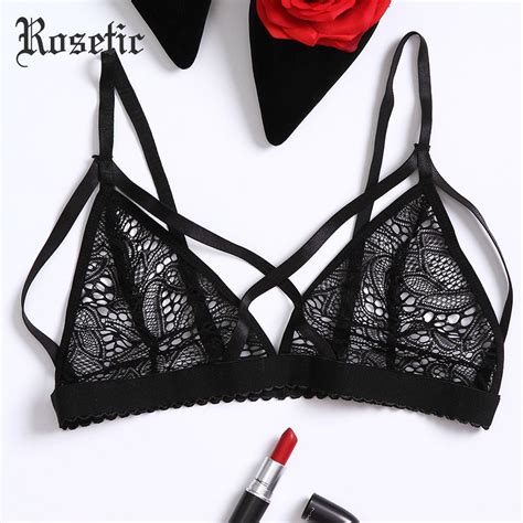 Rosetic Gothic 2018 Sexy Bras Women Black Lace See Through Hollow Push