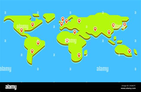 Stylized World Map With Pins On Main Capital Cities Simple Flat Vector