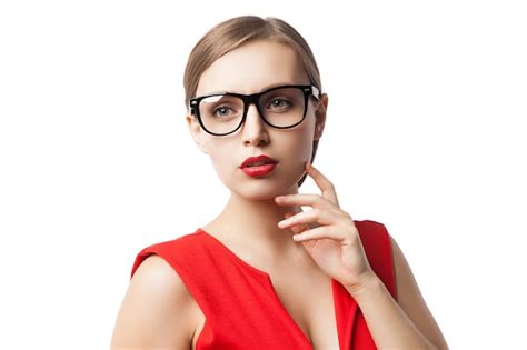 Premium Photo Portrait Of Successful Confident Woman In Glasses And Red Dress With Red