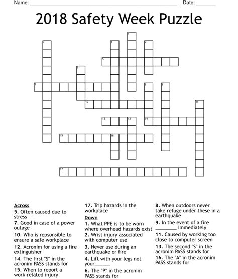 2018 Safety Week Puzzle Crossword Wordmint