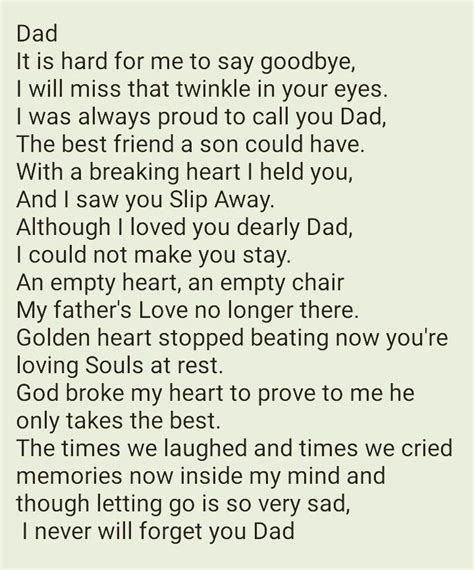These dad funeral poems are examples of funeral poems about dad. Funeral poem for Dad x Written by Gabriella Allsopp-Smith ...