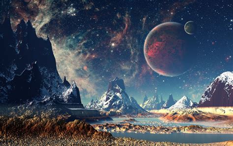 1680x1050 Mountains Stars Space Planets Digital Art Artwork 4k