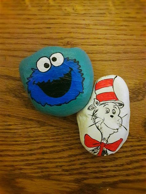 Paimted Rocks Cookie Monster And Cat In The Hat Pbs Characters Monster