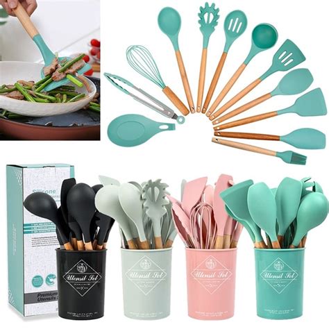 12pcs Silicone Spatula Kitchenware Wooden Handle Cooking Utensil Soup