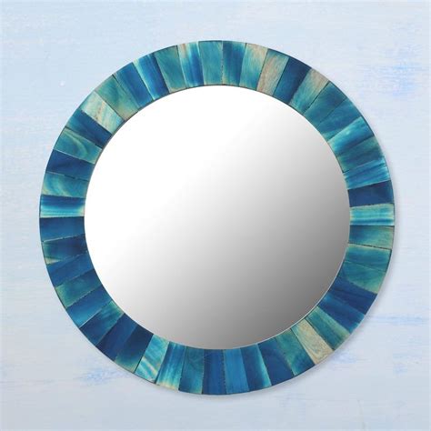 Circular Blue Mango Wood Wall Mirror From India Blue Radiance Mirror
