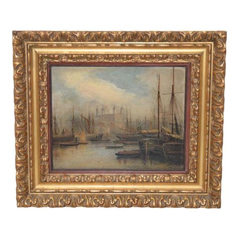 Fine 19th Century European Oil Painting Of Boats At Harbor Painting