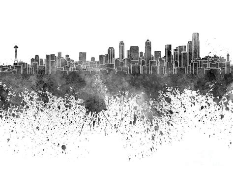 Seattle Skyline In Black Watercolor On White Background Painting By