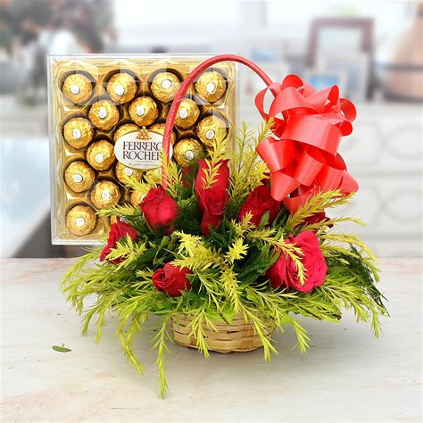 12 Roses Basket with Rocher | Flowers, Chocolates