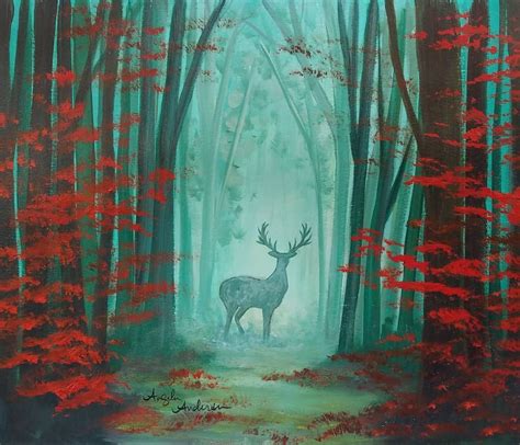Easy Beginner Autumn Forest Landscape With Deer Silhouette Acrylic