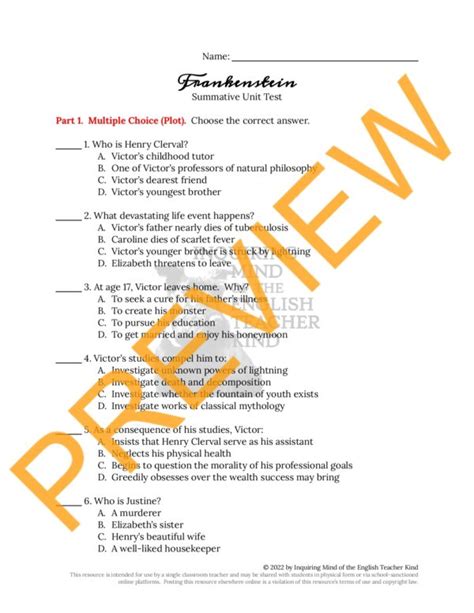 Frankenstein Test And Answer Key Made By Teachers
