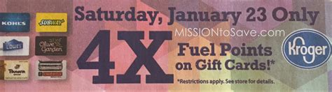 Maybe you would like to learn more about one of these? Kroger 4X Fuel Points On Gift Cards 1/23 Only - Mission ...