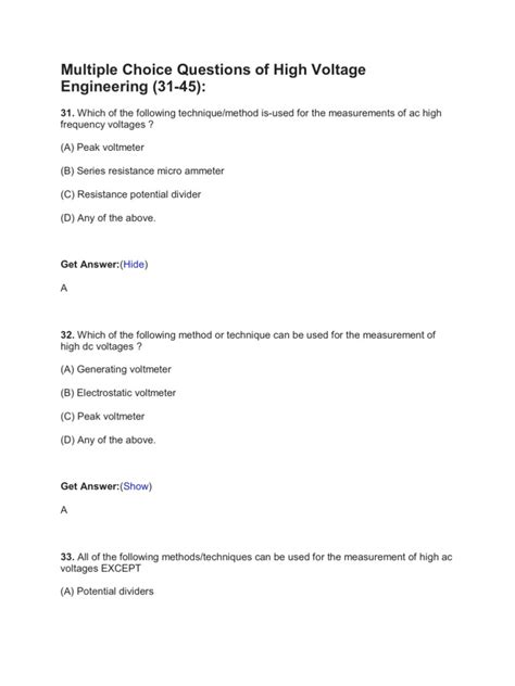 High Voltage Engineering Mcqs Pdf Electrical Breakdown Insulator