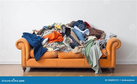 Old Orange Sofa Full Of Clothes Blankets Scarfs Etc Messy Room