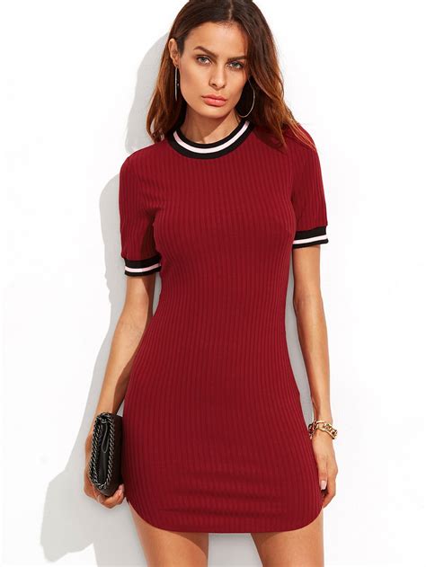 Shop Burgundy Striped Trim Ribbed Knit Bodycon Dress Online Shein Offers Burgundy Striped Trim