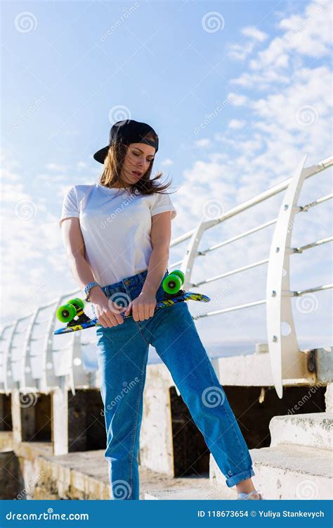 Woman With A Skateboard On A Beach Stock Photo Image Of Long Sand