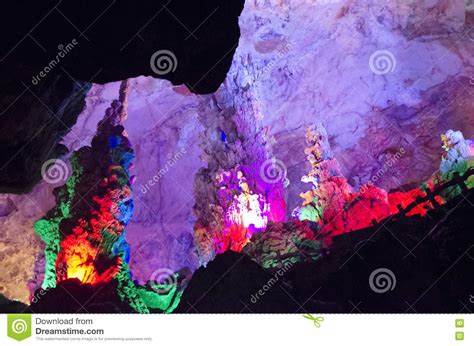 Beautiful Illuminated Multicolored Stalactites From Karst Reed Flute