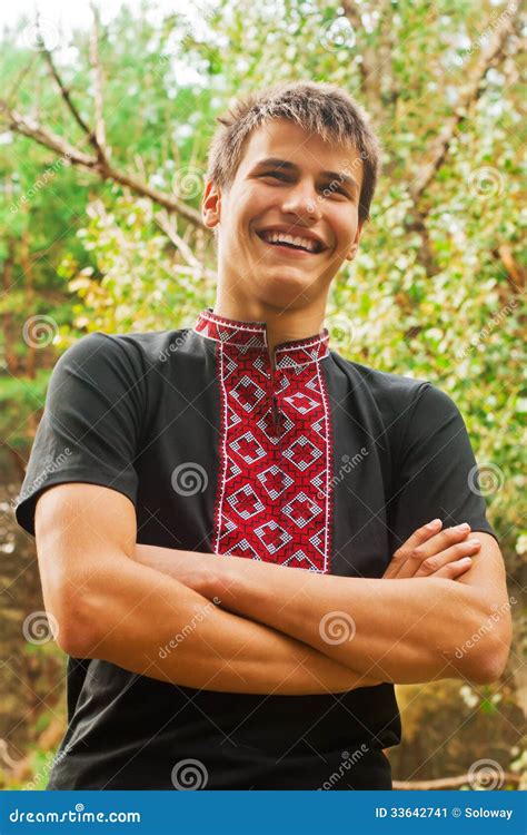 Cheerful Smile Of Ukrainian Young Man In National Vyshyvanka Stock