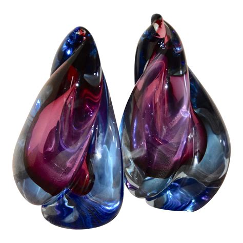 Alfredo Barbini Murano Sommerso Purple Blue And Red Flame Italian Art Glass Bookends A Pair