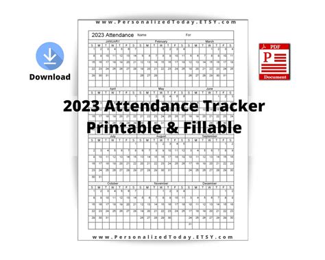 2023 Yearly Attendance Calendar Fillable And Print And Write Etsy