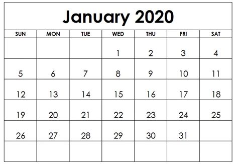 Editable January 2020 Calendar Printable Blank Template With Notes