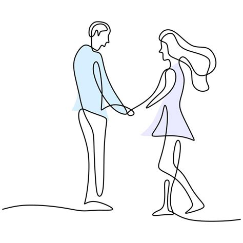 Continuous One Line Drawing Of Happy Young Couple Standing And Holding