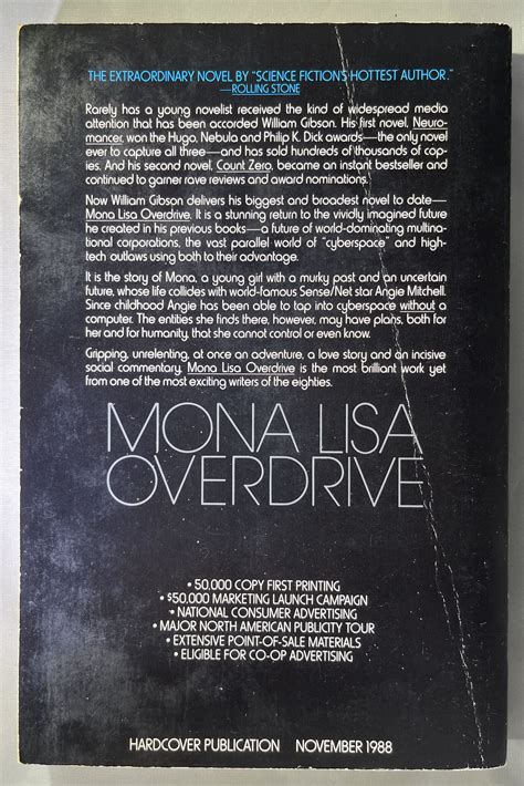 Signed Mona Lisa Overdrive Arc By William Gibson Very Good Soft Cover