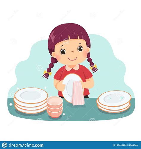 Cartoon Of A Little Girl Drying The Dishes At Kitchen Counter Kids