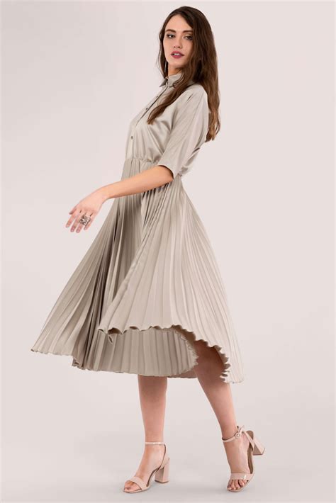 Beige Pleated Skirt Midi Dress