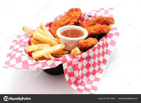 Breaded Chicken Strips French Fries Dipping Sauce Diner Basket Stock