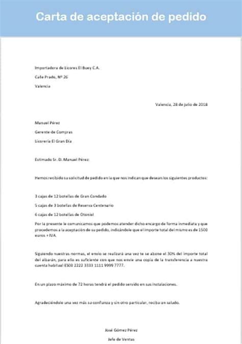 Carta De Aceptación De Pedido Ejemplo Y Modelo