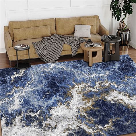 Hr Abstract Rugs Boho Abrash Rugs Thunder Theme Navy Blue Gold And