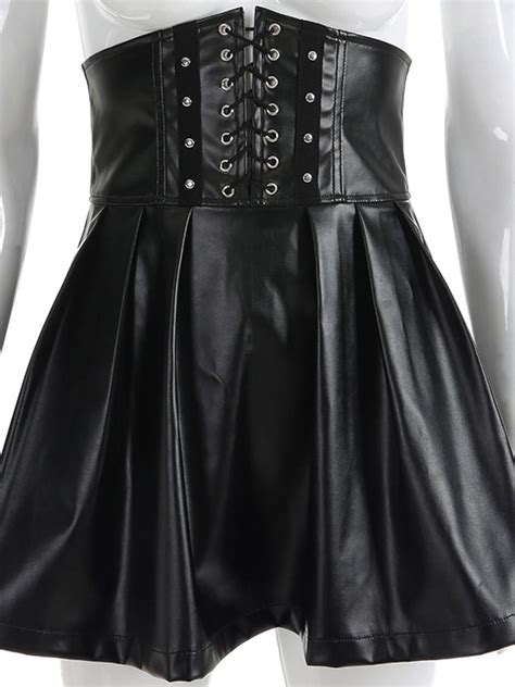 Corset Skirt For Women Black Leather Like Lace Up Women Skirt