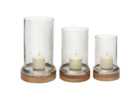 Clear 13 Inch Glass Metal Wood Hurricane Candle Holder Set Of 3 Living Spaces