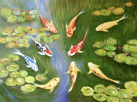 Koi Fish And Water Lily Painting By Enxu Zhou Fine Art America