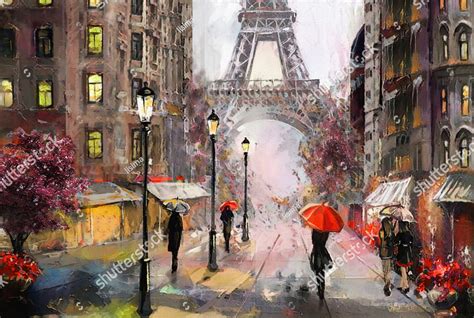 Stock Photo Oil Painting On Canvas Street View Of Paris Artwork Eiffel