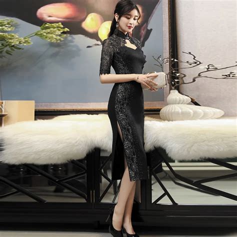 sexy lace embroidery black cheongsam dresses split qipao modern chinese dress fashion