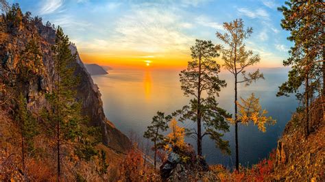 Wallpaper Russia Lake Baikal Siberia Trees Sunset Mountains