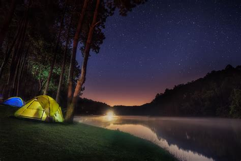 Download Tent Lake Light Forest Starry Sky Camp Photography Camping 4k