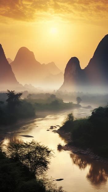 Premium Ai Image A Sunset Over The Li River In China