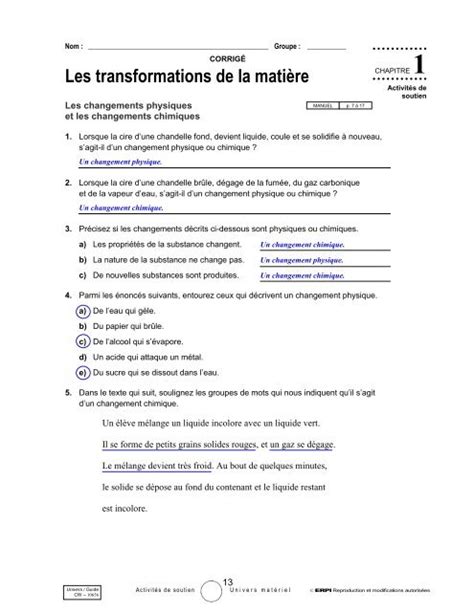 P13 15 Um 1 Sec2 Les Transformations De La Matière Corrige