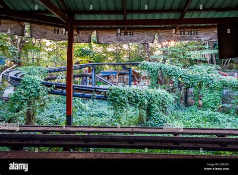 Rusty Decayed Roller Coaster Tracks At Yangon Abandoned Amusement Park