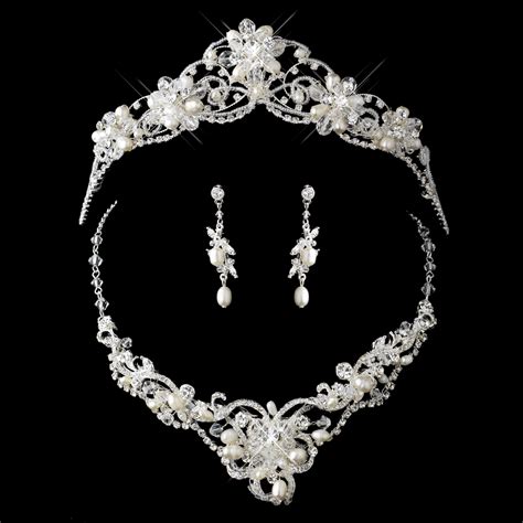 Crystal Couture Pearl Wedding Tiara Necklace Set Elegant