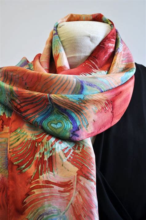 Hand Painted Silk Scarf With Peacock Feather Design 100 Etsy Hand